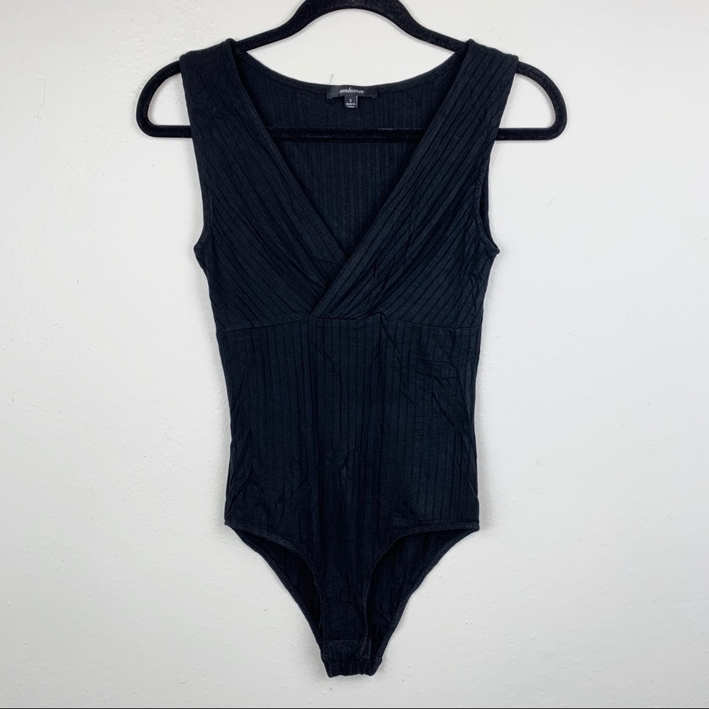 NWT Ribbed Black Faux Wrap V-Neck Snap Bodysuit